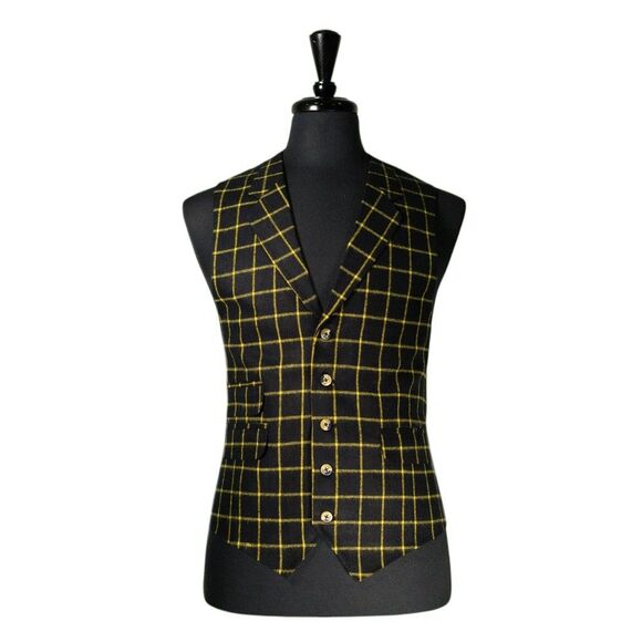 Mens 42R Wool Vest Black Yellow Windowpane Check Plaid Waistcoat Formal Wedding - Picture 1 of 10